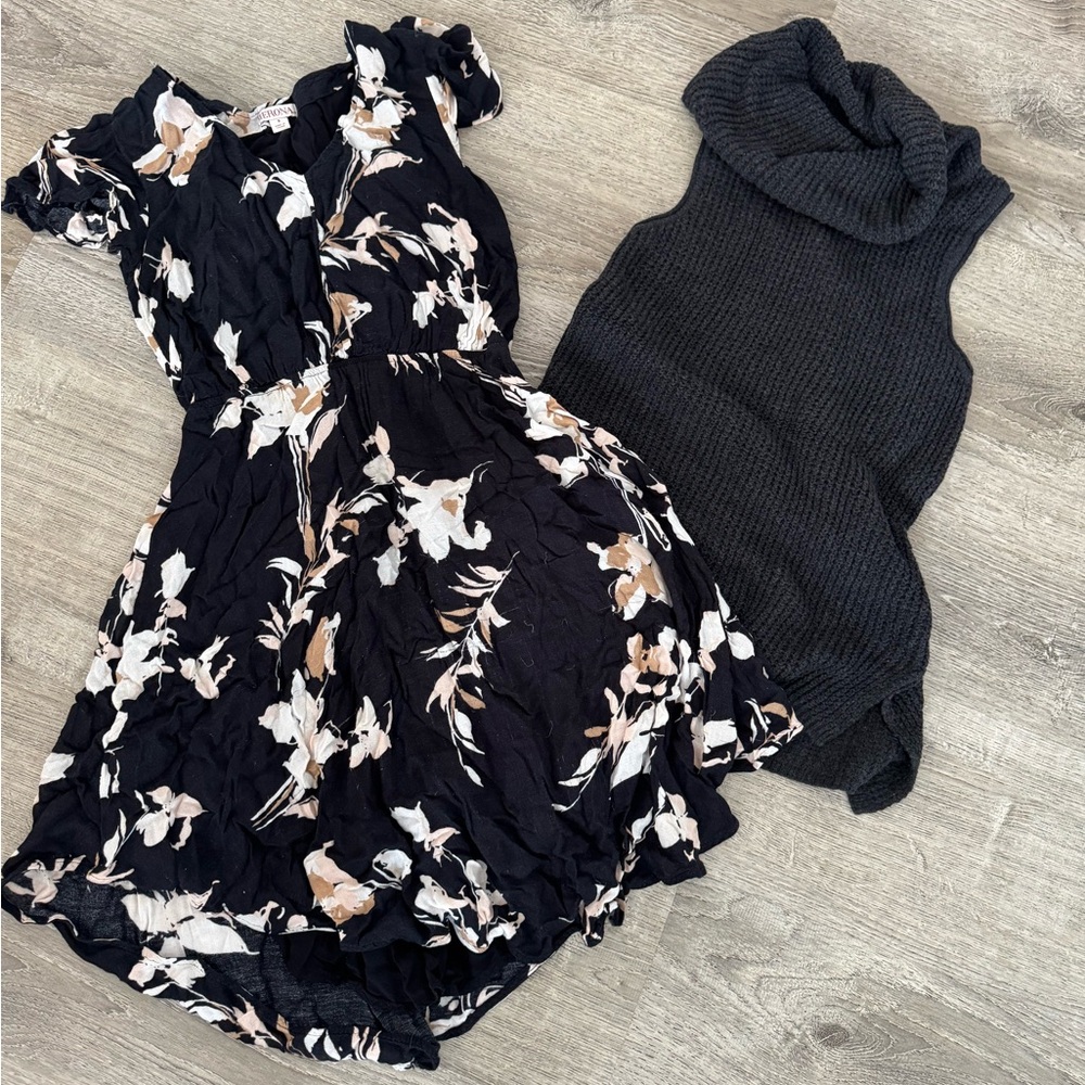 Women’s small Black and Cream Floral Dress with bonus workwear sweater